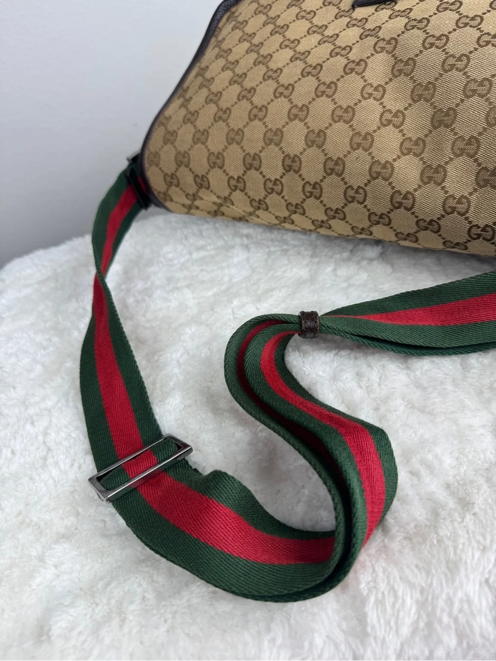 Gucci Beige GG Canvas Messenger Bag with Green-Red Web Strap